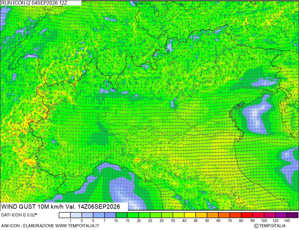 mappa 10 m Vento raffica massima