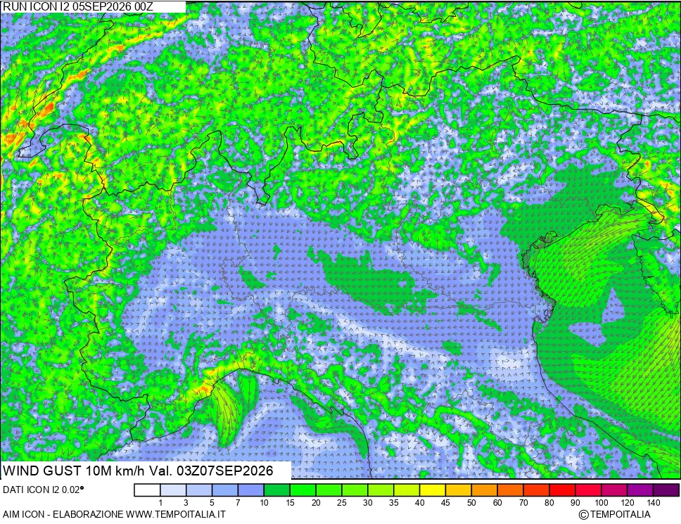mappa 10 m Vento raffica massima