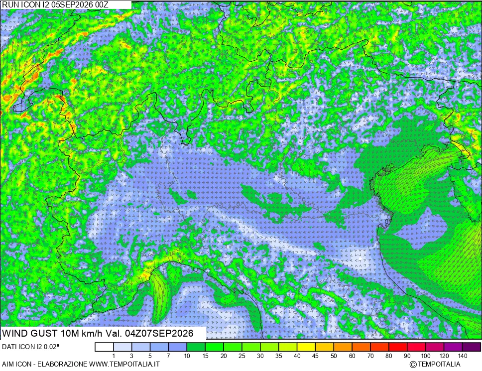 mappa 10 m Vento raffica massima