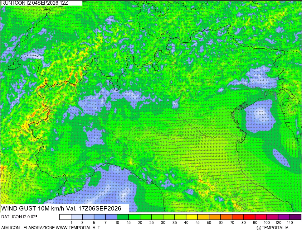mappa 10 m Vento raffica massima