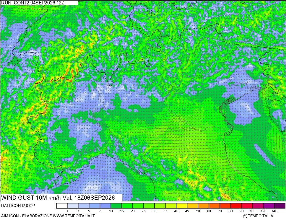 mappa 10 m Vento raffica massima