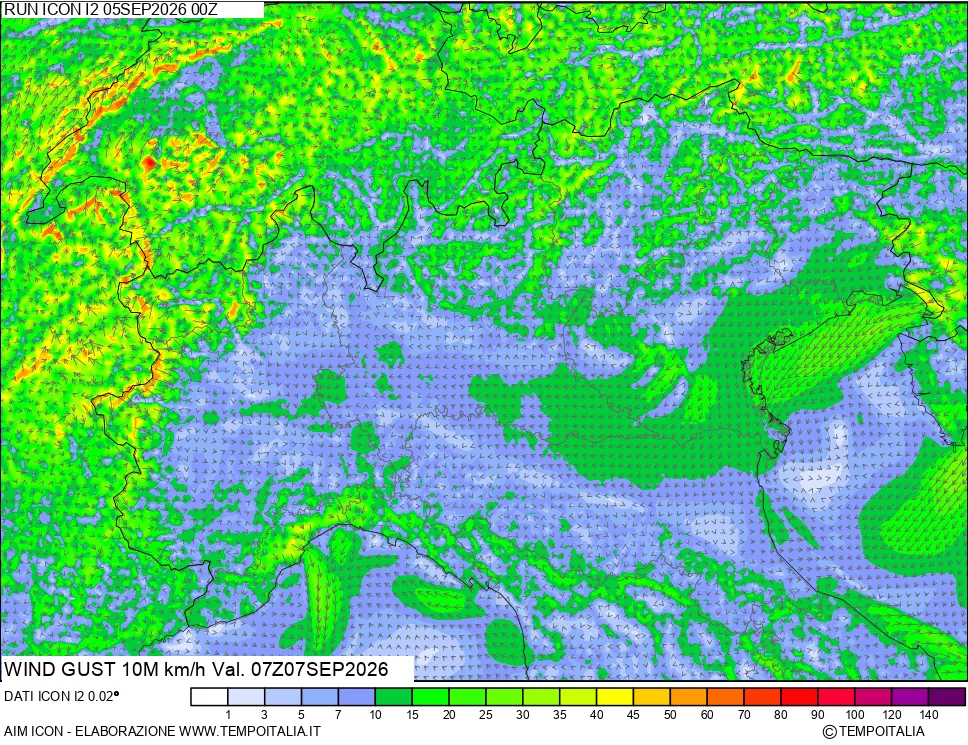 mappa 10 m Vento raffica massima