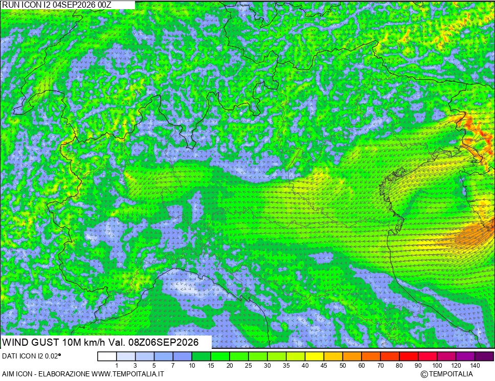 mappa 10 m Vento raffica massima