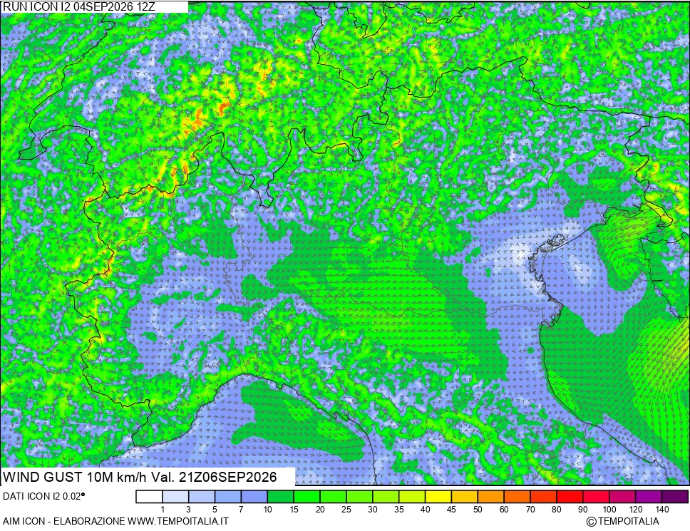 mappa 10 m Vento raffica massima