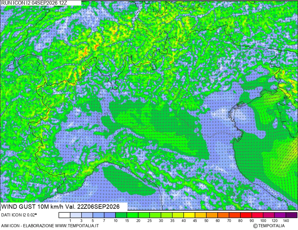 mappa 10 m Vento raffica massima