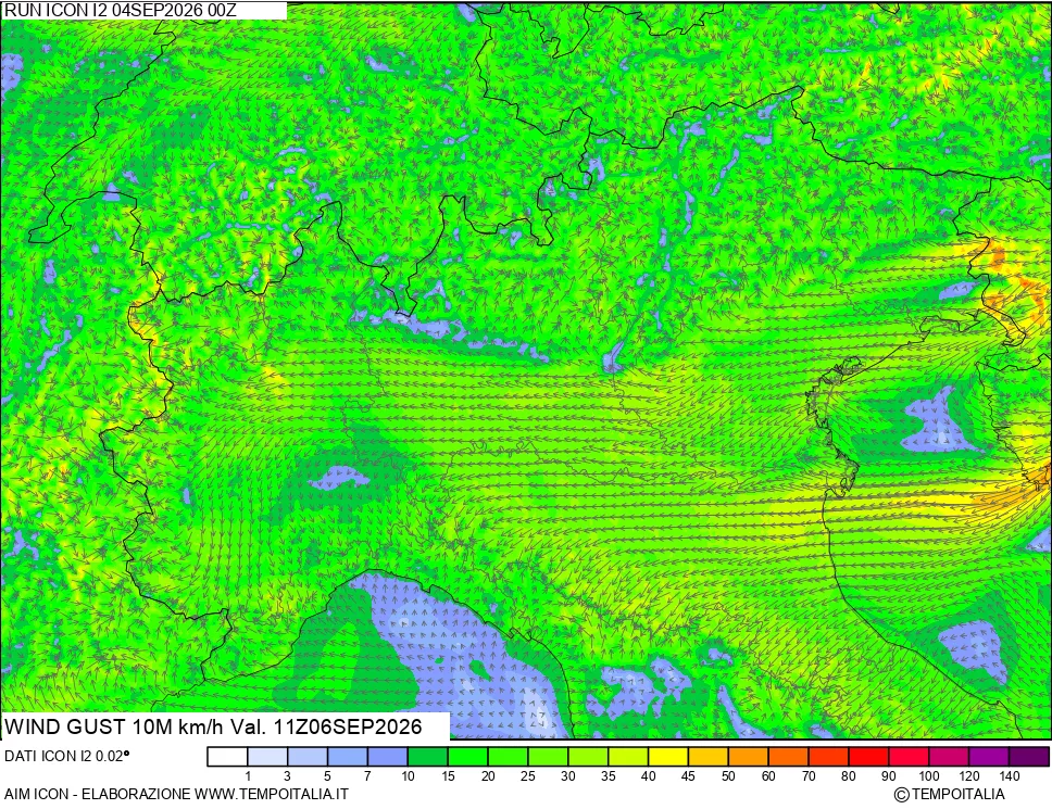 mappa 10 m Vento raffica massima
