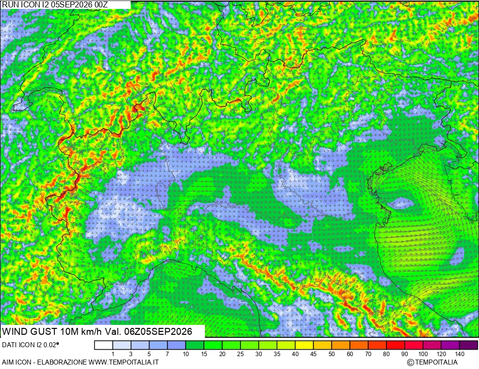 mappa 10 m Vento raffica massima