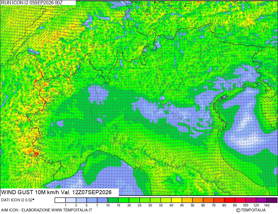 mappa 10 m Vento raffica massima