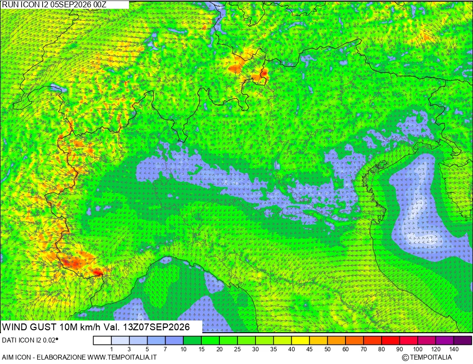 mappa 10 m Vento raffica massima