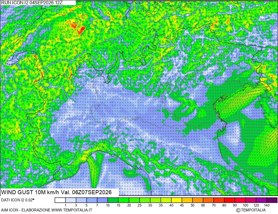 mappa 10 m Vento raffica massima