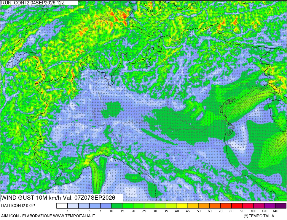 mappa 10 m Vento raffica massima