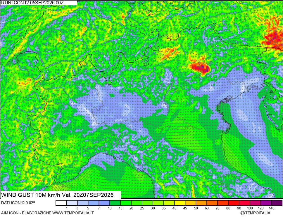 mappa 10 m Vento raffica massima