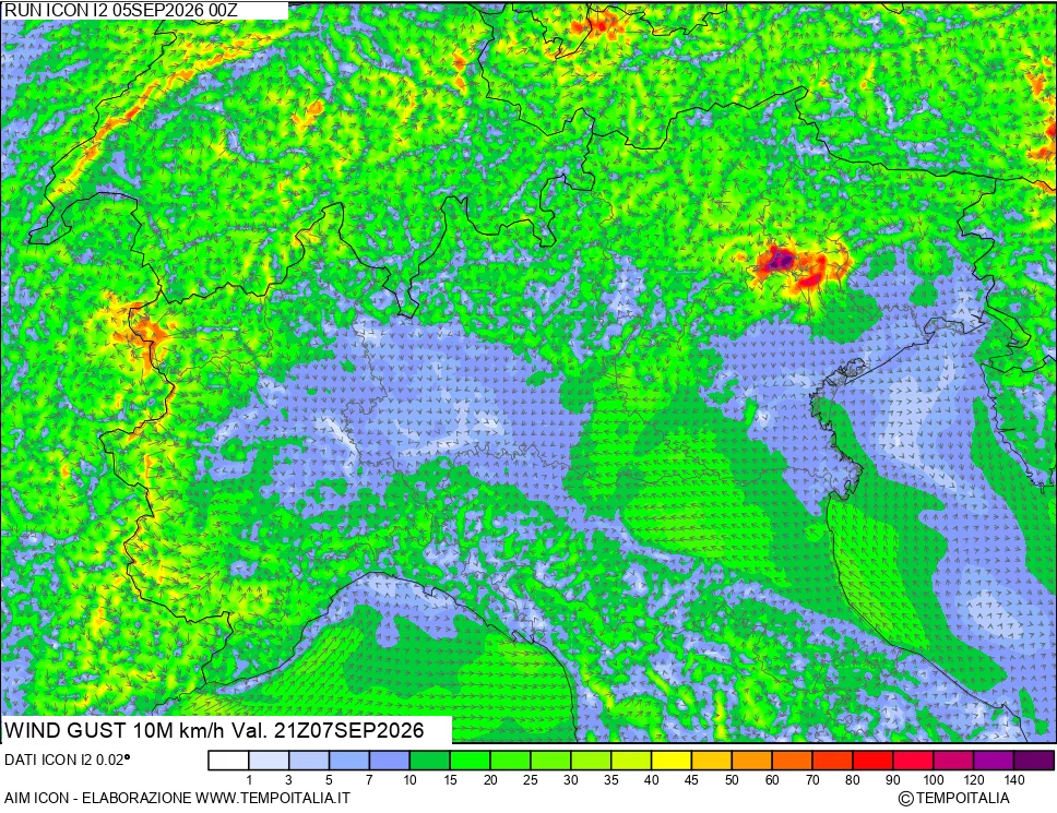 mappa 10 m Vento raffica massima