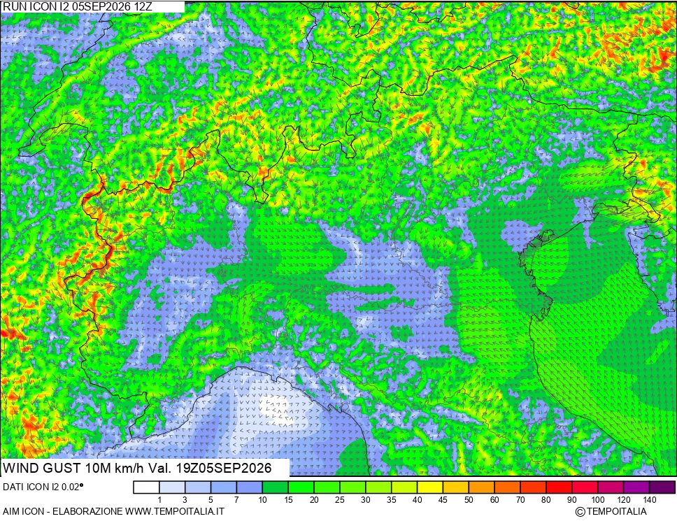 mappa 10 m Vento raffica massima