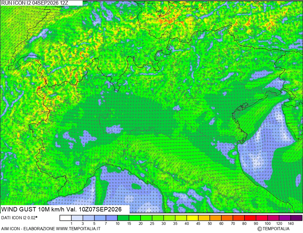 mappa 10 m Vento raffica massima