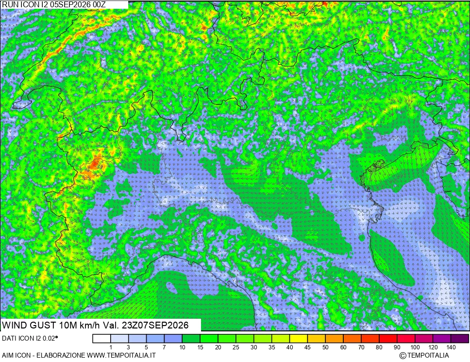 mappa 10 m Vento raffica massima
