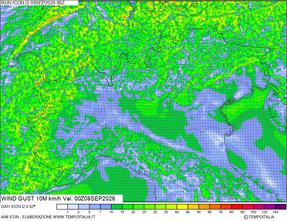 mappa 10 m Vento raffica massima