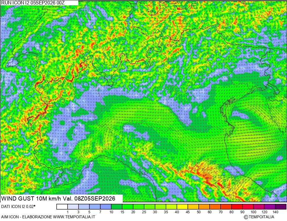mappa 10 m Vento raffica massima