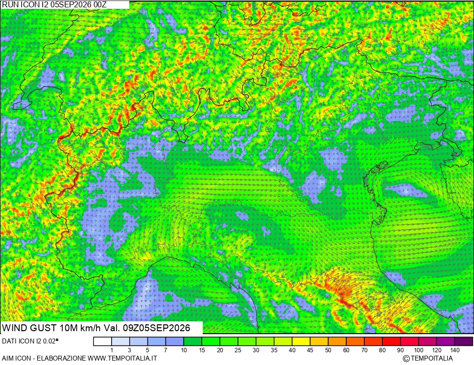 mappa 10 m Vento raffica massima