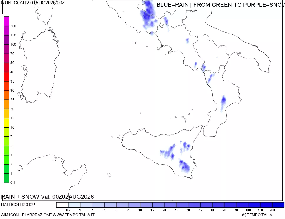 mappa Precipitazioni totali e nevose 24 ore precedenti