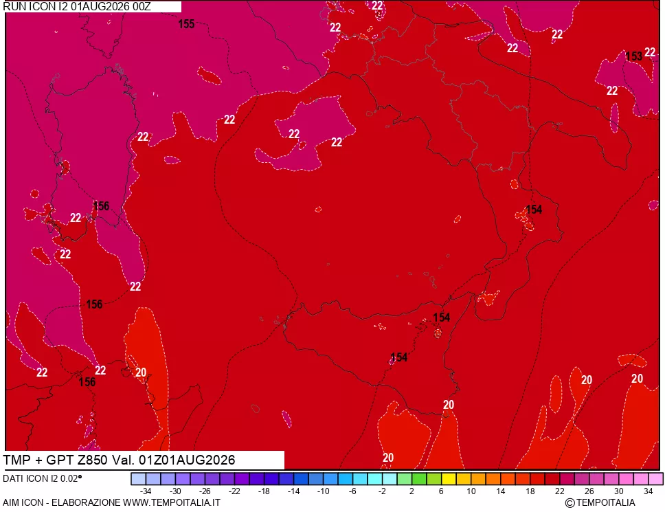 mappa 850 hPa Temp + GPT