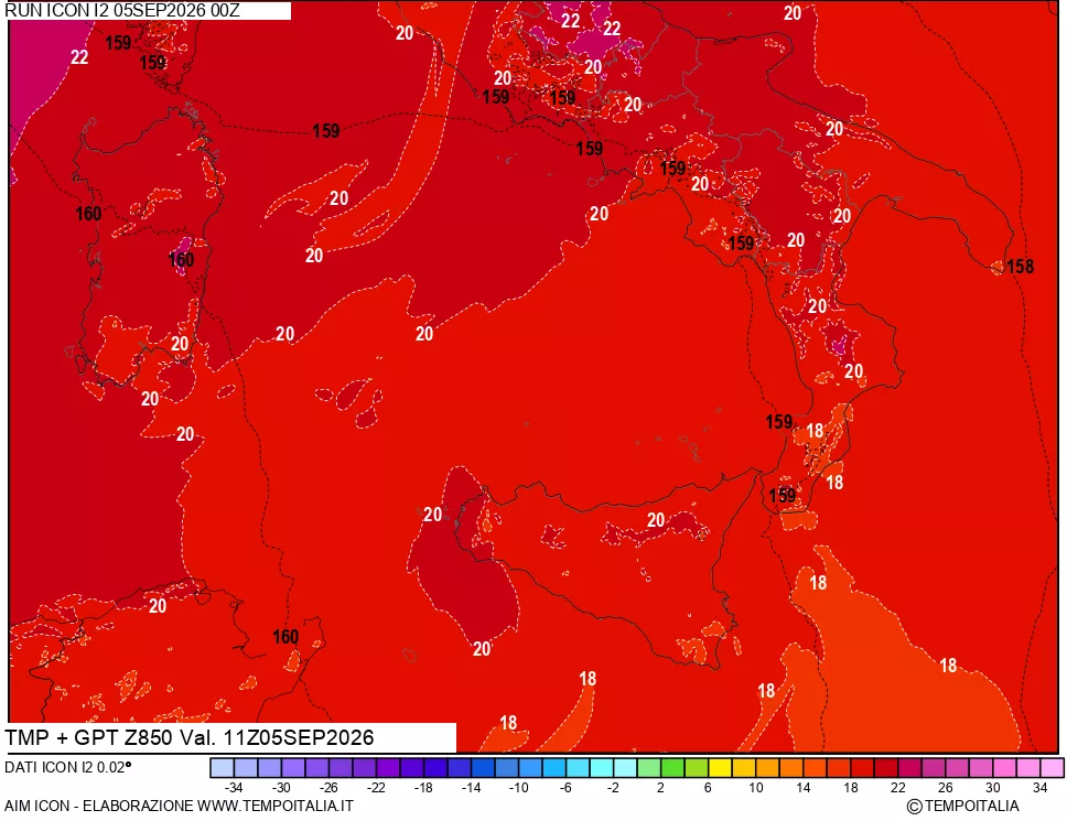 mappa 850 hPa Temp + GPT