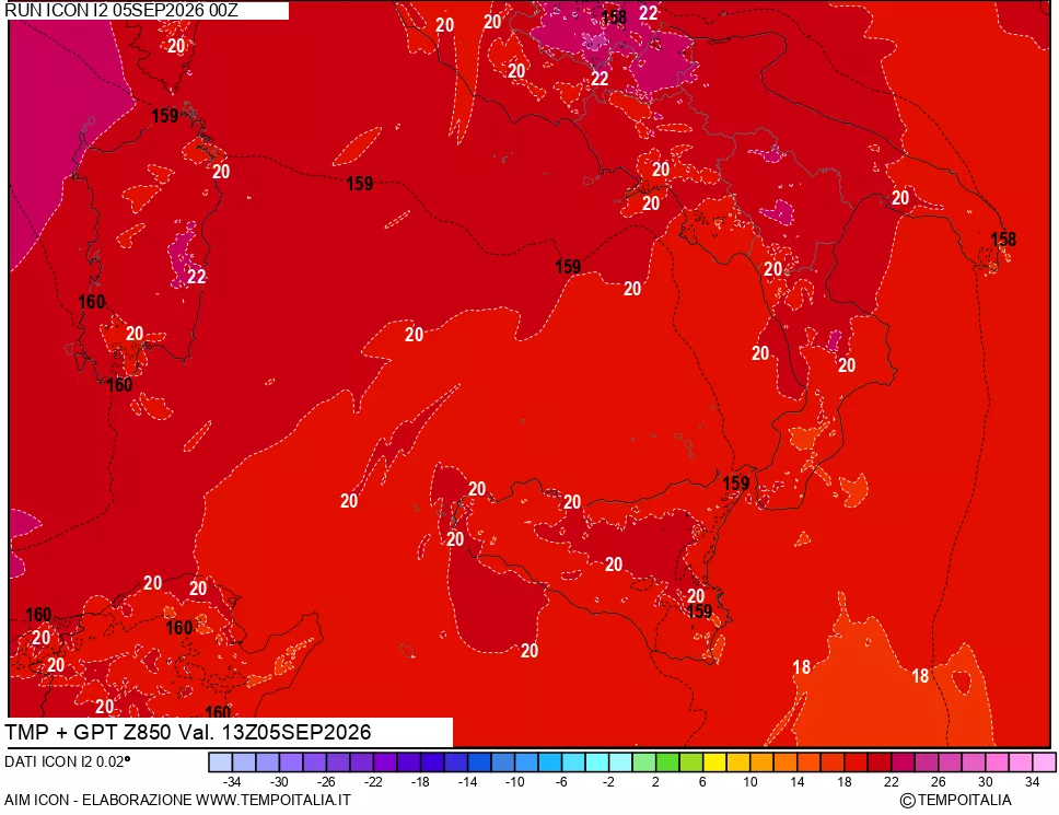 mappa 850 hPa Temp + GPT
