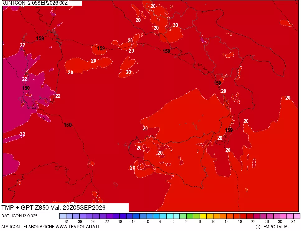 mappa 850 hPa Temp + GPT