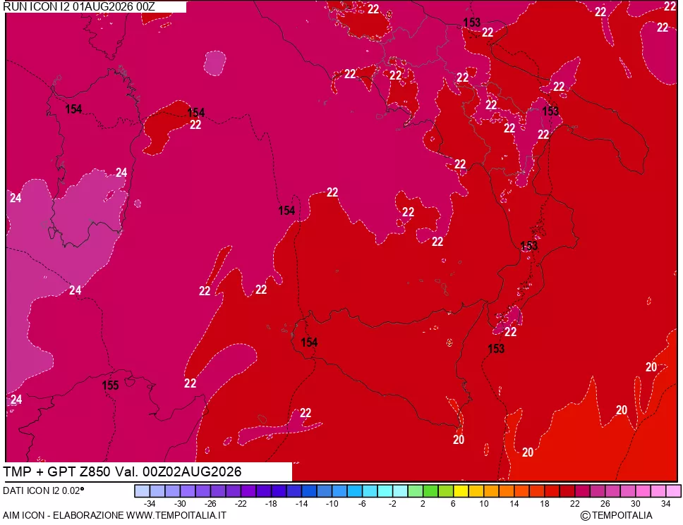 mappa 850 hPa Temp + GPT