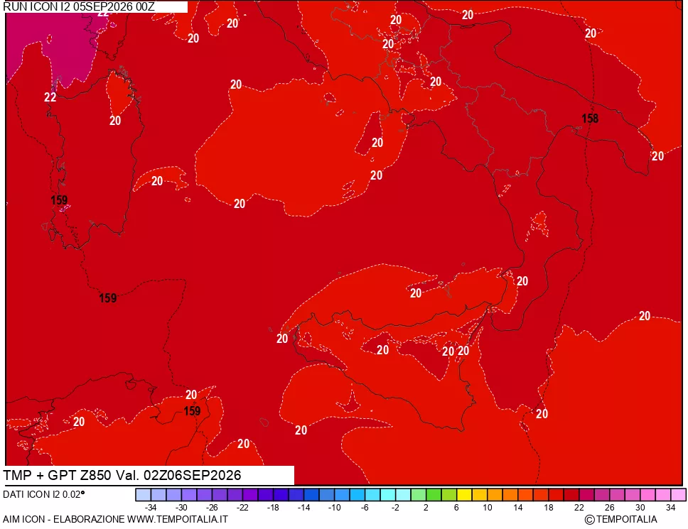 mappa 850 hPa Temp + GPT