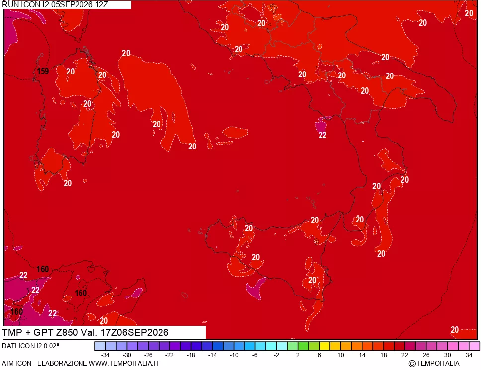 mappa 850 hPa Temp + GPT