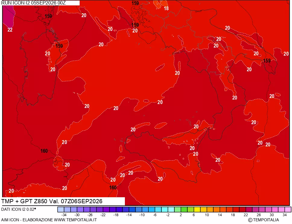 mappa 850 hPa Temp + GPT