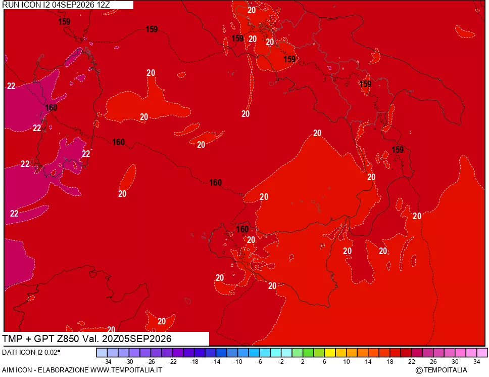 mappa 850 hPa Temp + GPT