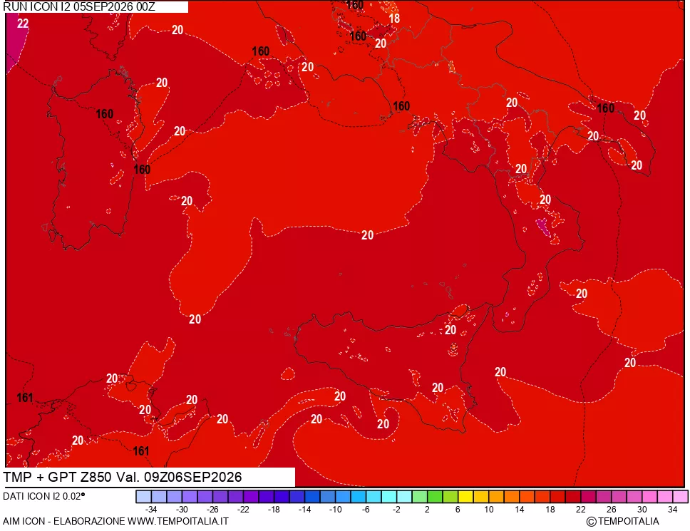 mappa 850 hPa Temp + GPT