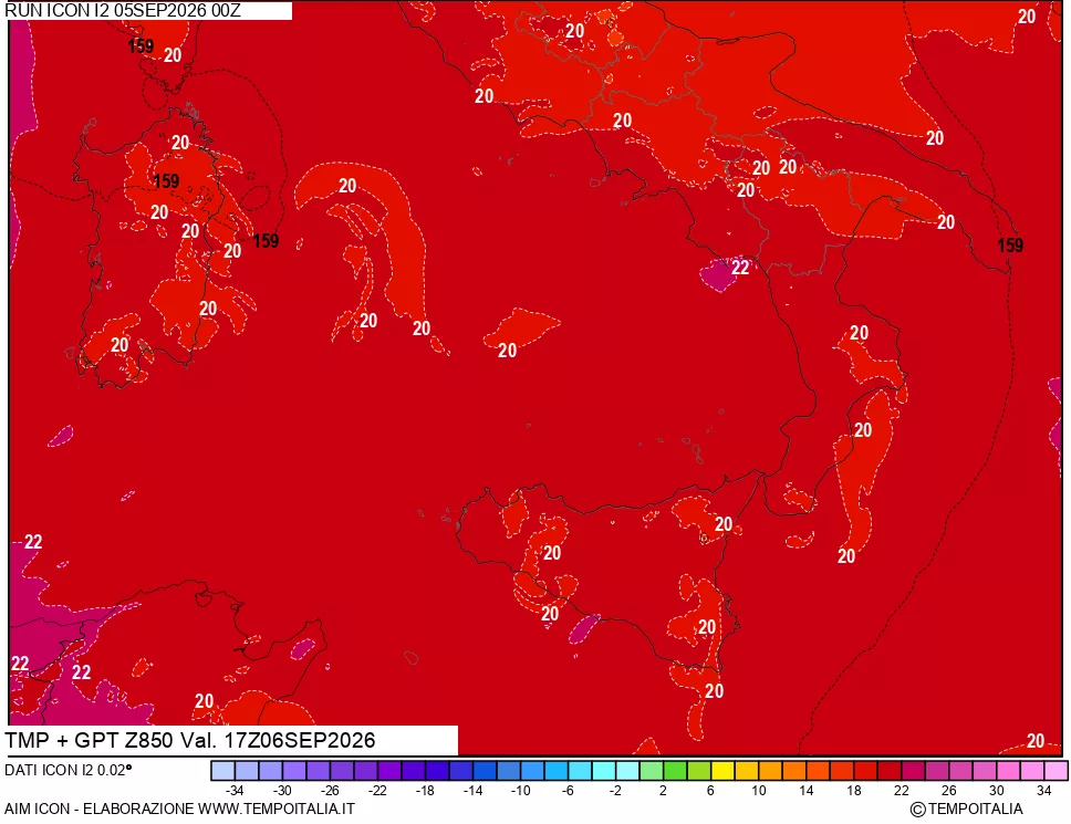 mappa 850 hPa Temp + GPT