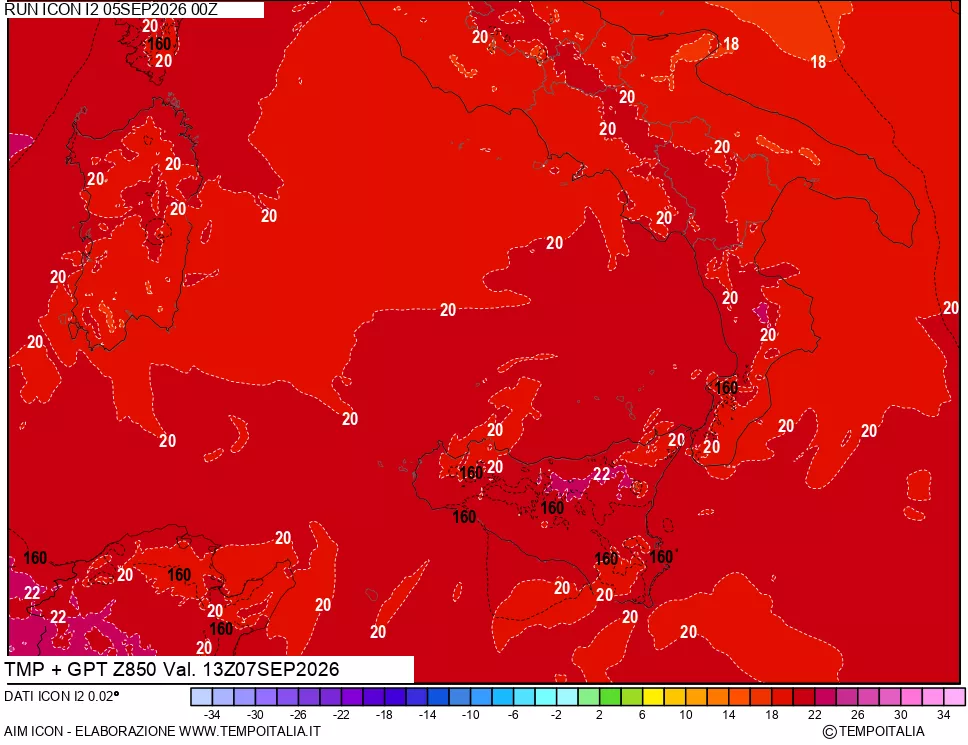 mappa 850 hPa Temp + GPT