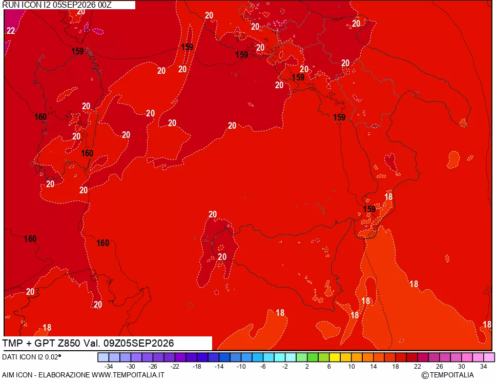 mappa 850 hPa Temp + GPT