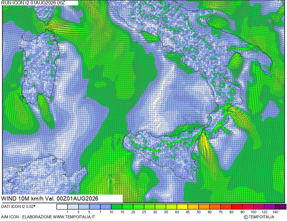 mappa 10 m Vento forza e direzione