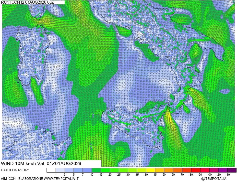 mappa 10 m Vento forza e direzione