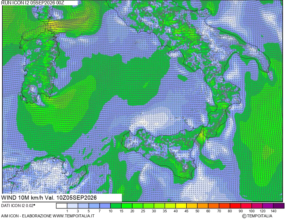 mappa 10 m Vento forza e direzione