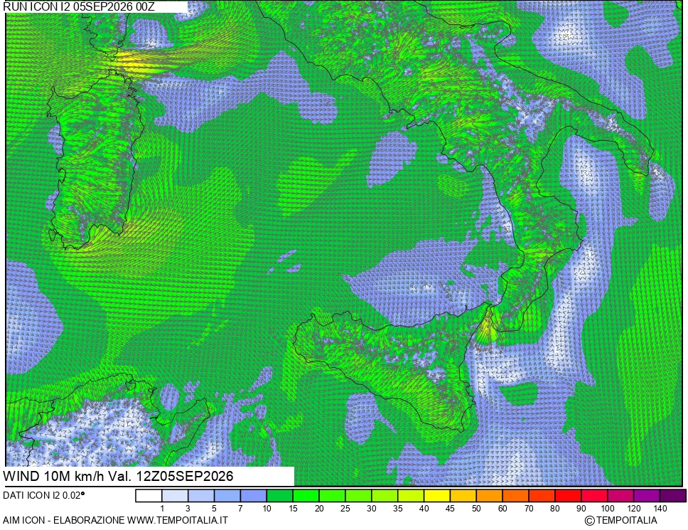 mappa 10 m Vento forza e direzione