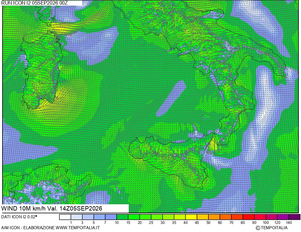 mappa 10 m Vento forza e direzione