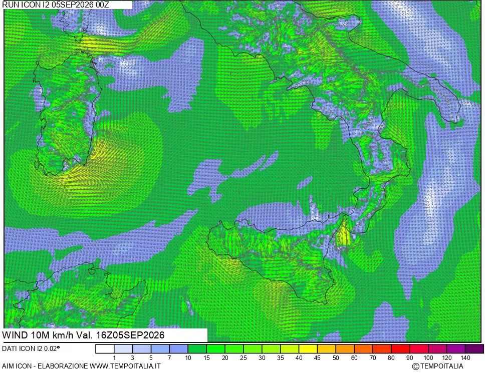 mappa 10 m Vento forza e direzione
