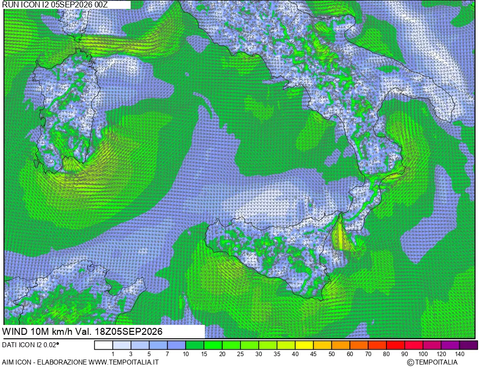 mappa 10 m Vento forza e direzione