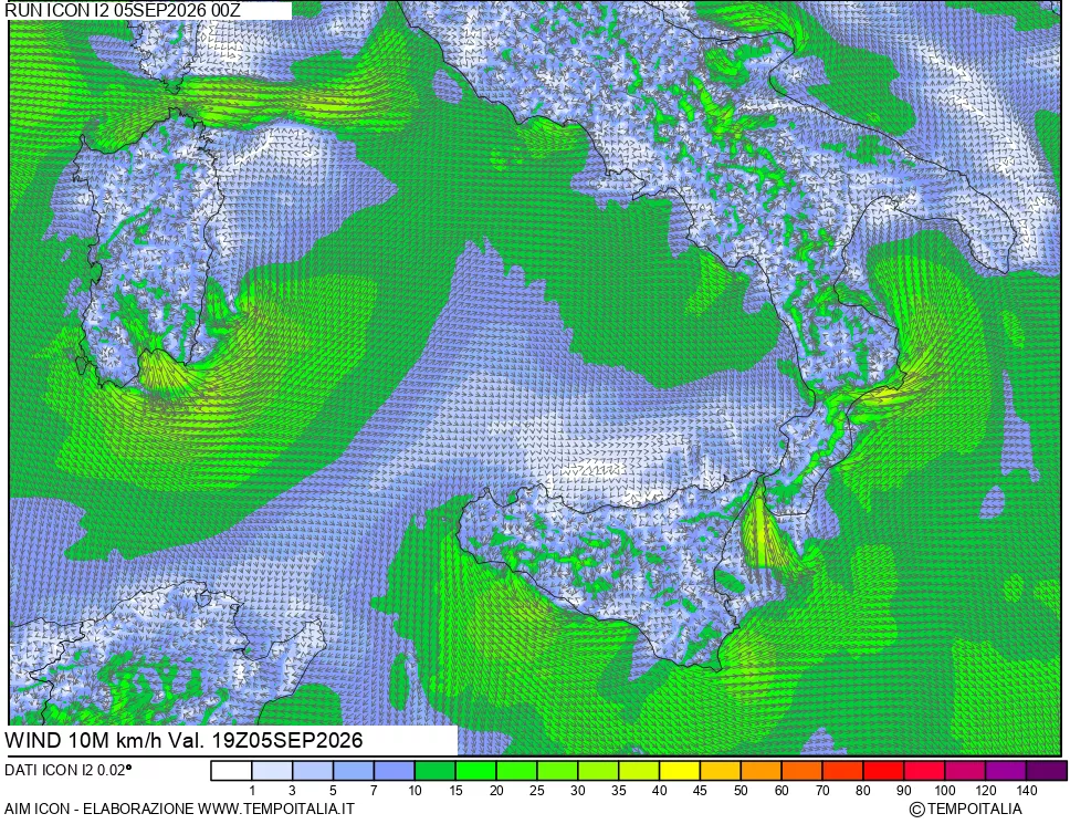 mappa 10 m Vento forza e direzione