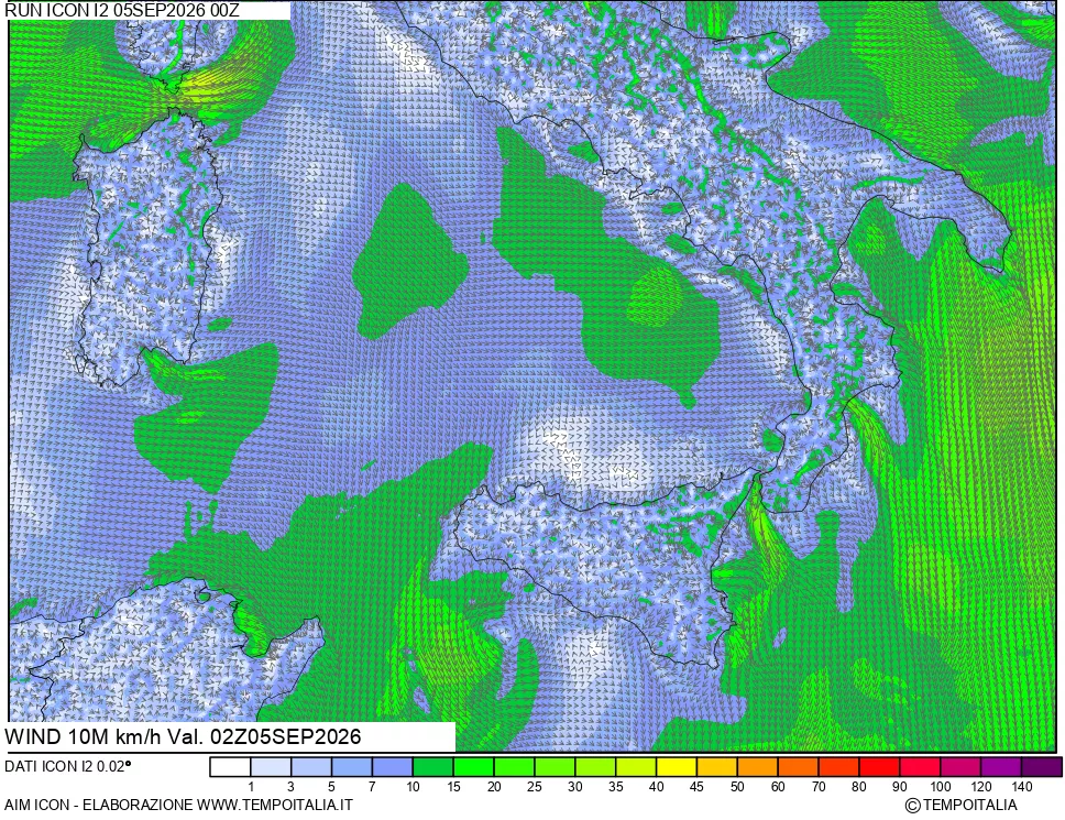 mappa 10 m Vento forza e direzione