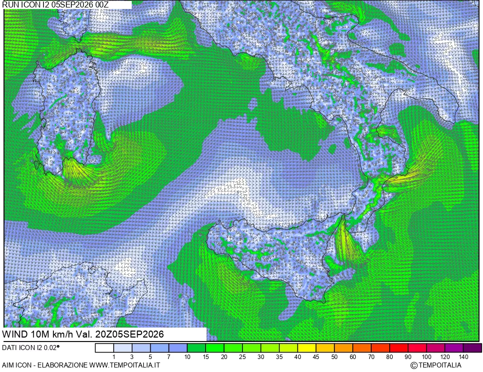 mappa 10 m Vento forza e direzione