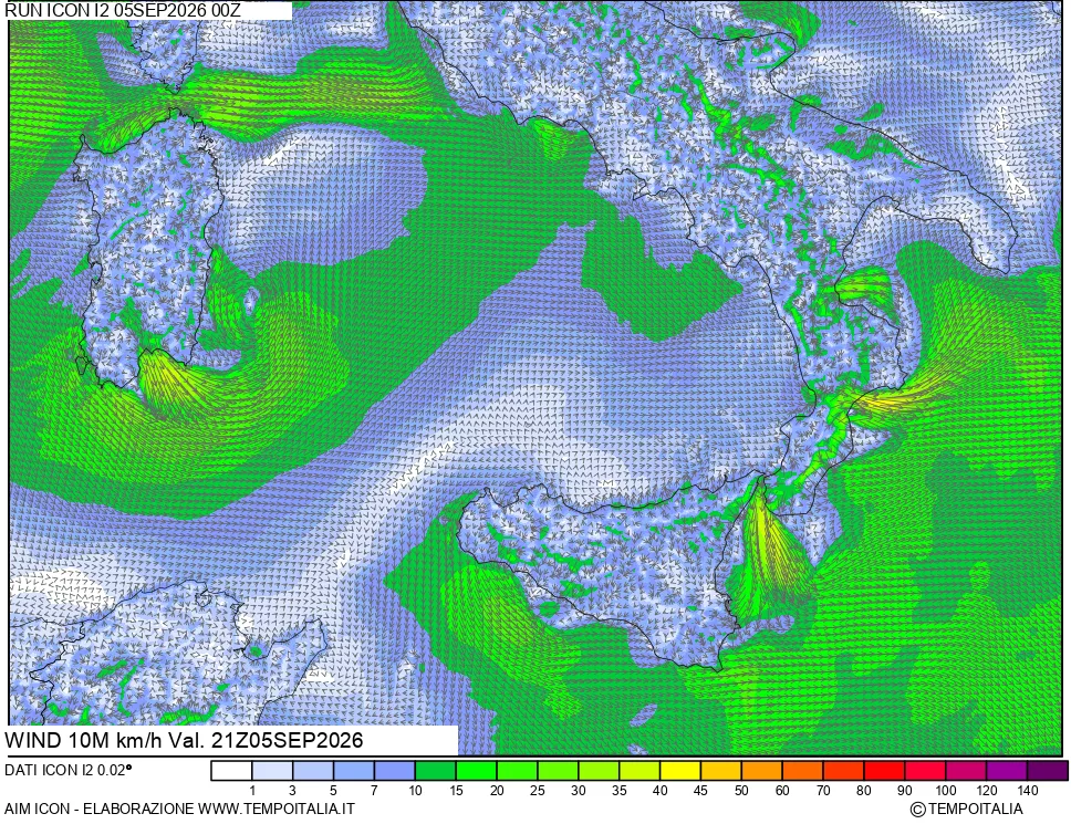 mappa 10 m Vento forza e direzione