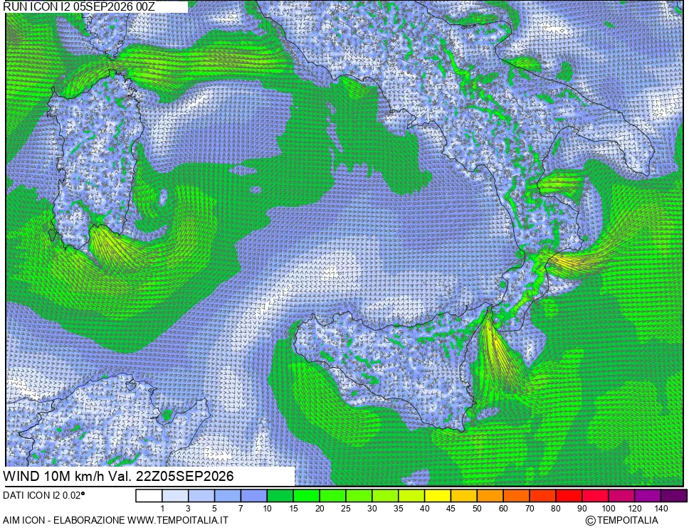 mappa 10 m Vento forza e direzione
