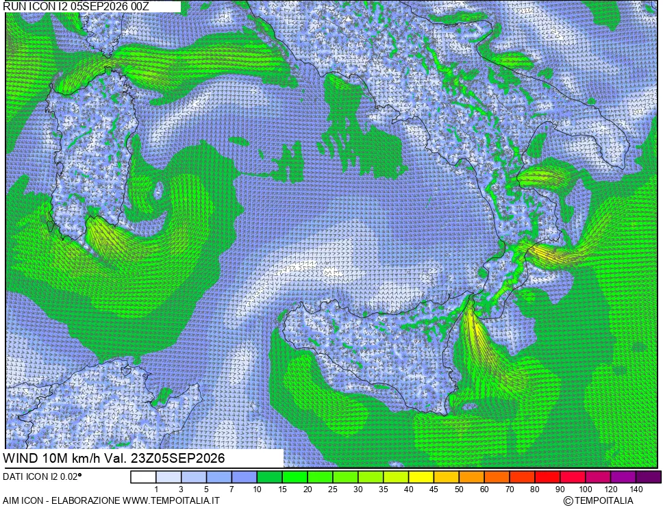 mappa 10 m Vento forza e direzione